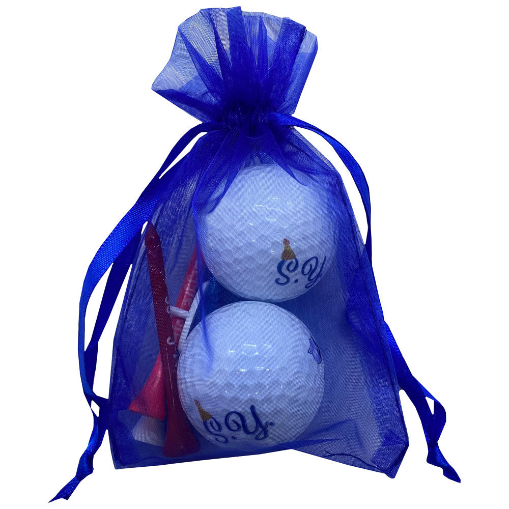 Custom 2 ball golf pack in mesh bag with logo - printed balls & tees, perfect for women's golf events or tournament giveaways.