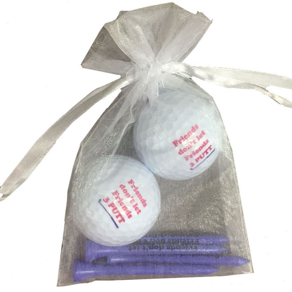 Friends Don’t Let Friends 3 Putt golf ball and tees set featuring a playful design. Includes 2 golf balls and 4 tees.