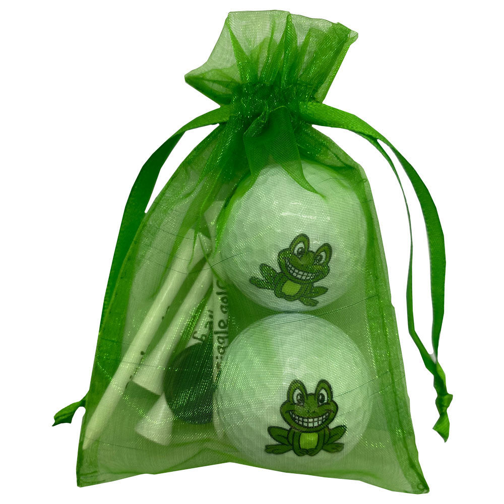 Frog golf ball and tees set featuring a playful frog design. Includes 2 golf balls and 4 tees, perfect for women golfers.