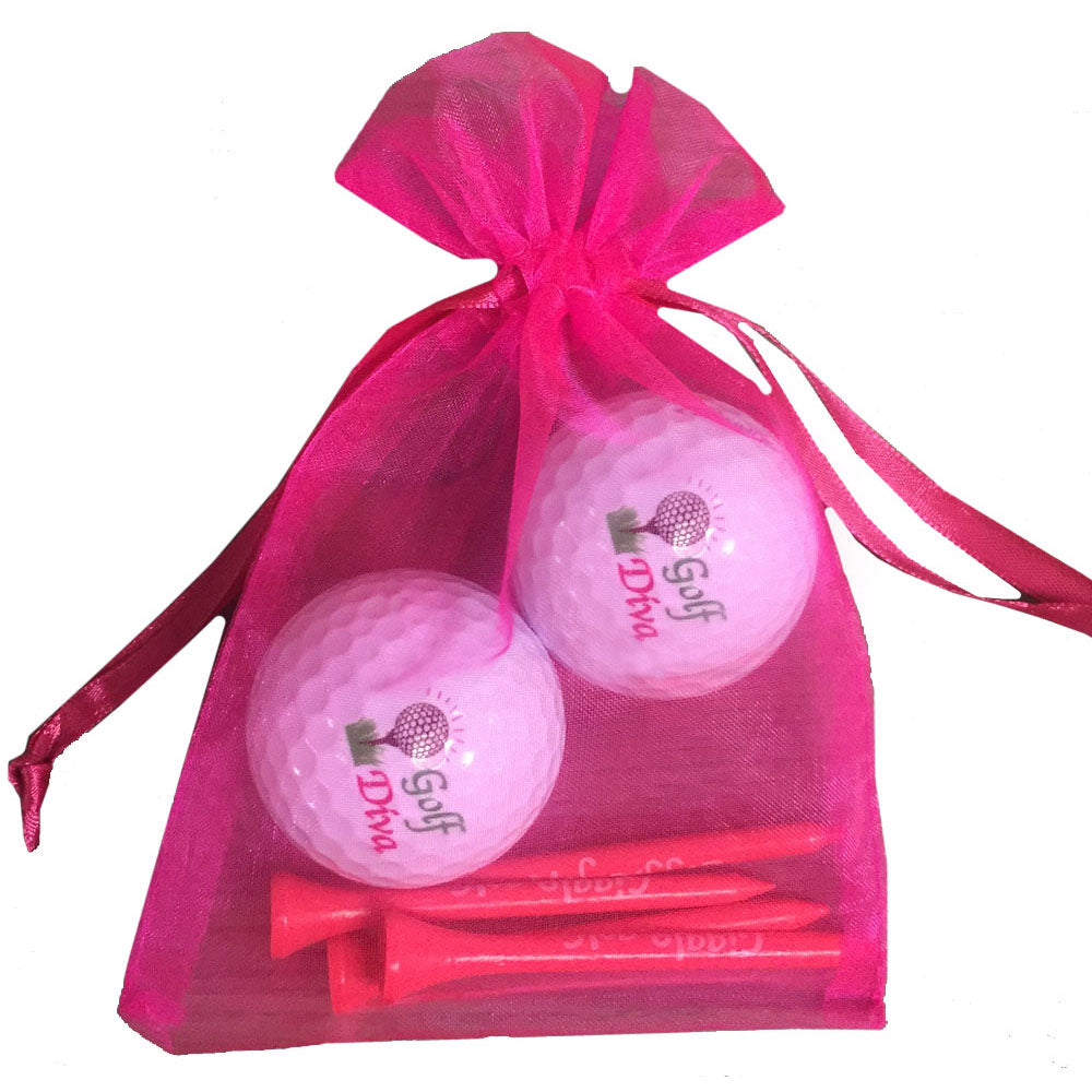 Golf Diva golf ball and tees set has a bold, stylish design. Includes 2 golf balls and 4 tees, perfect for women golfers.