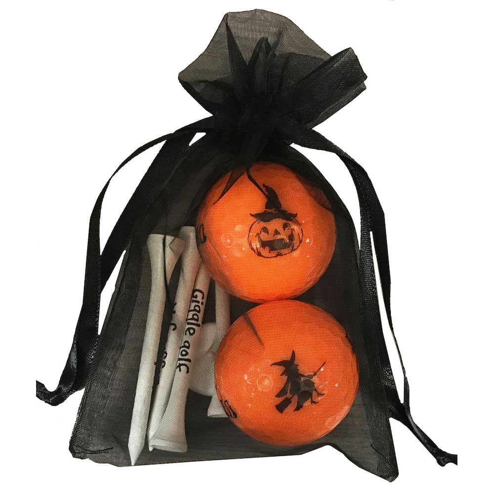 Fun Halloween golf gift set with witchy and pumpkin golf balls, tees, and cute packaging. Ideal for women golfers. Shop now!