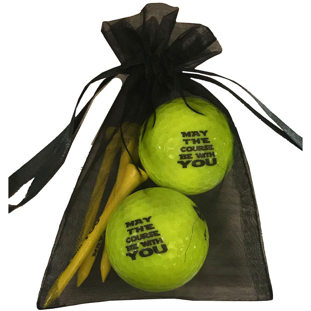 May the Course Be with You golf ball and tees set has a fun, playful design. Includes 2 golf balls and 4 tees. A great gift.