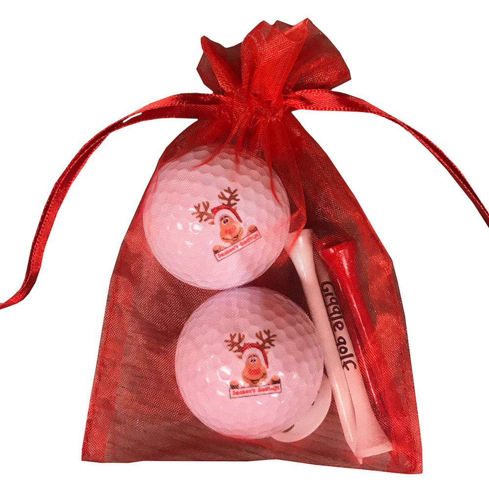 Festive Reindeer golf ball and tee set. Cute Packaging. Ideal for women golfers and holiday tournaments. Shop now!