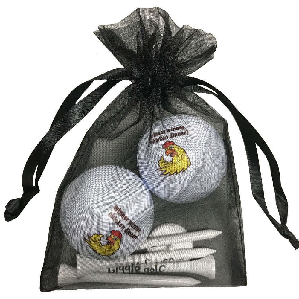 Winner Winner Chicken Dinner golf balls and tees set. A fun golf gift for women. Playful design. Cute packaging. Shop Now!