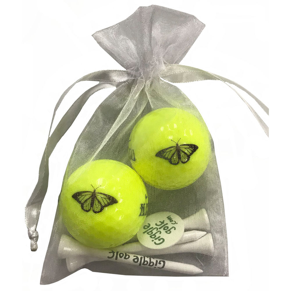 Yellow Butterfly golf ball and tees set with cute butterfly design. Includes 2 golf balls and 4 tees, ideal for women golfers