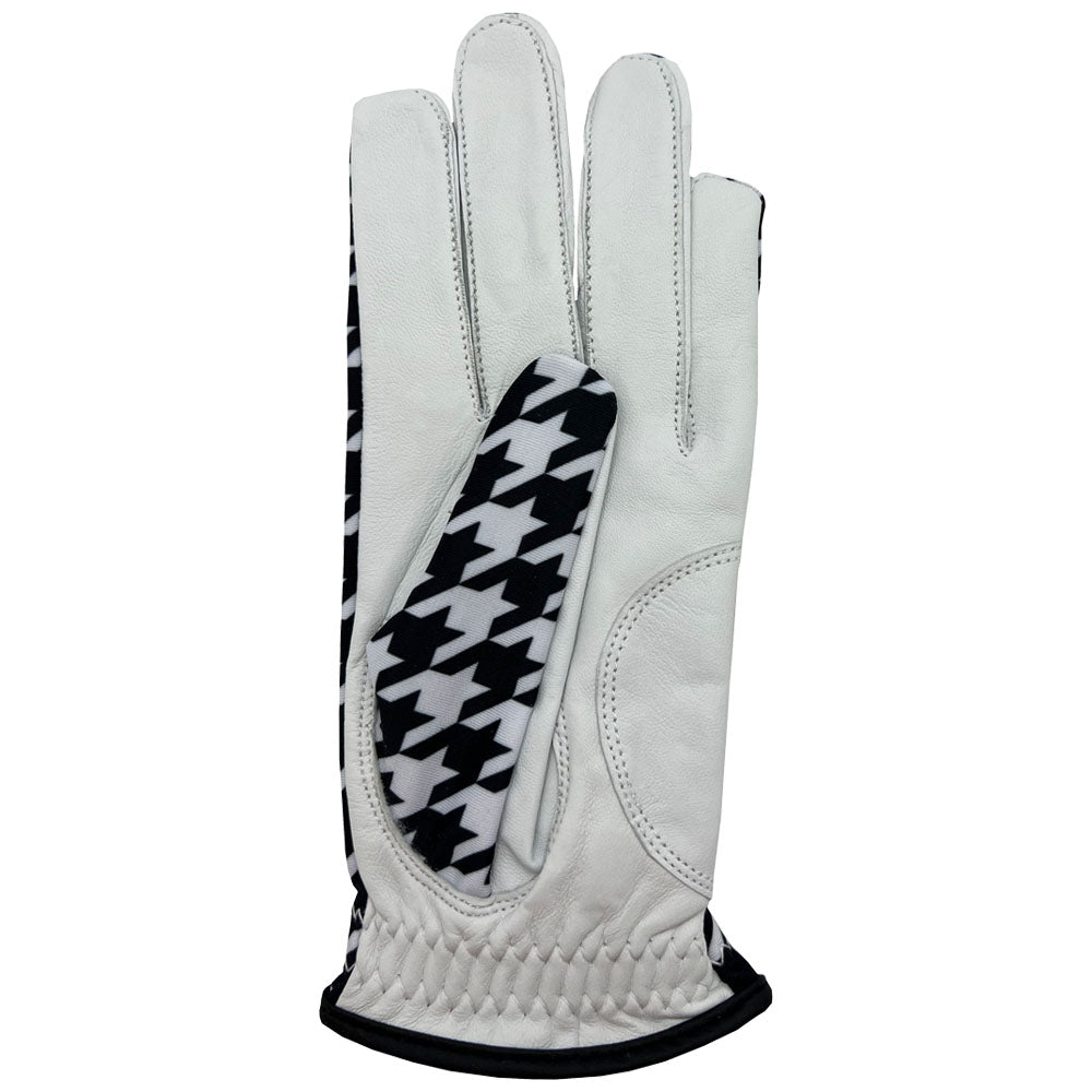 Black and white glove with black trim and a houndstooth pattern. Release the Hounds! On the adjustable strap.