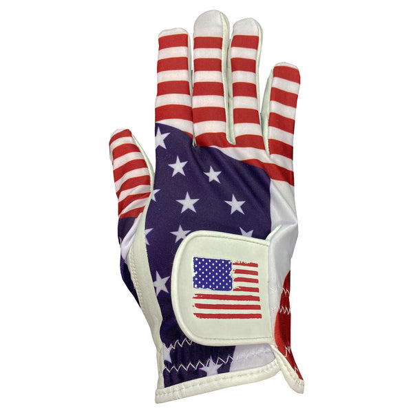 usa men's golf glove with us flag strap, worn on right hand