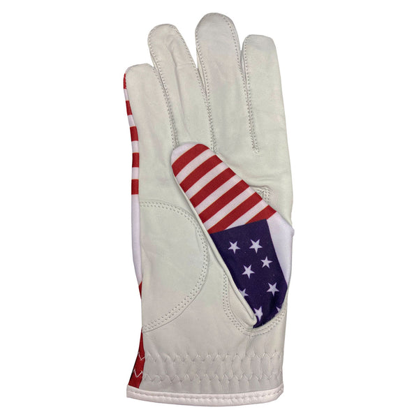 usa men's golf glove with us flag strap, worn on right hand, leather palm