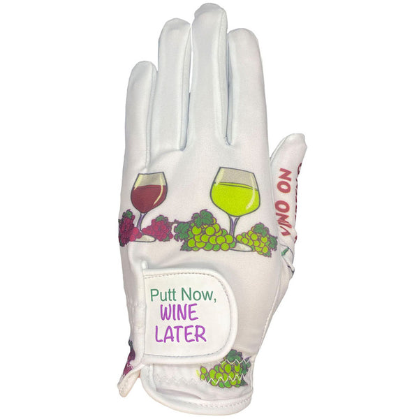 white, putt now, wine later women's golf glove leather