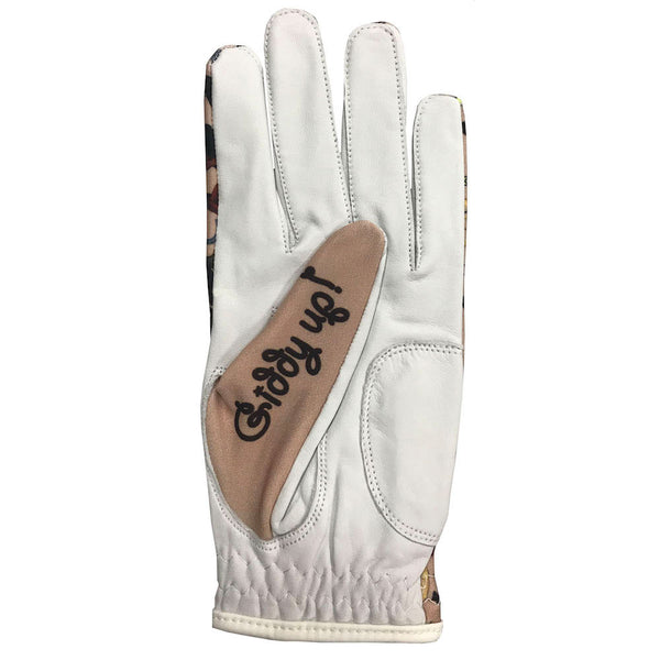 western women's golf glove with giddy up on the thumb