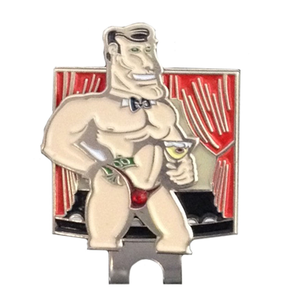 sparkly male dancer shaped ball marker attached to hat clip on golfer’s hat