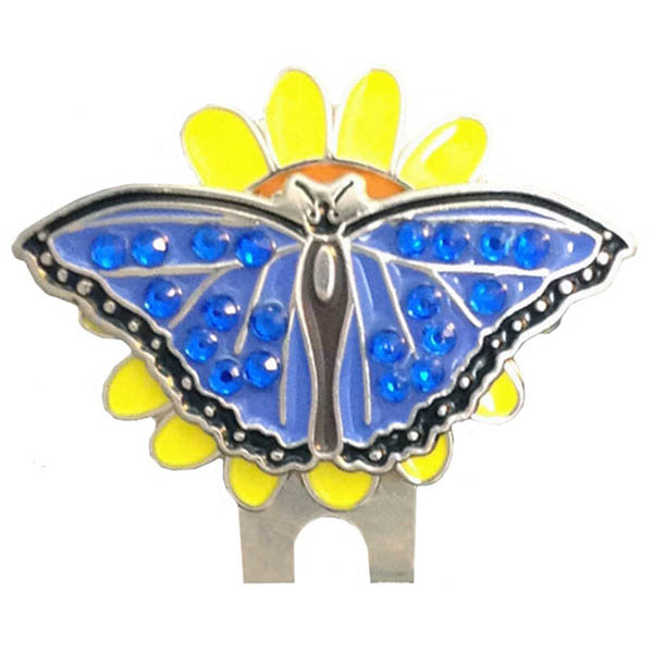 bling blue butterfly golf ball marker on a magnetic yellow flower shaped hat clip