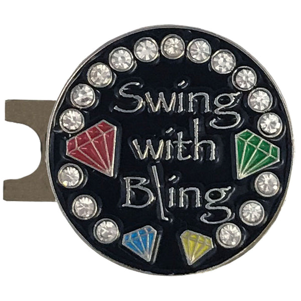 swing with bling black golf ball marker on a magnetic hat clip