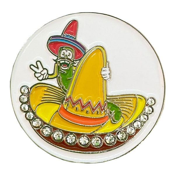 worm, giving the peace sign, sitting on a bling sombrero golf ball marker only