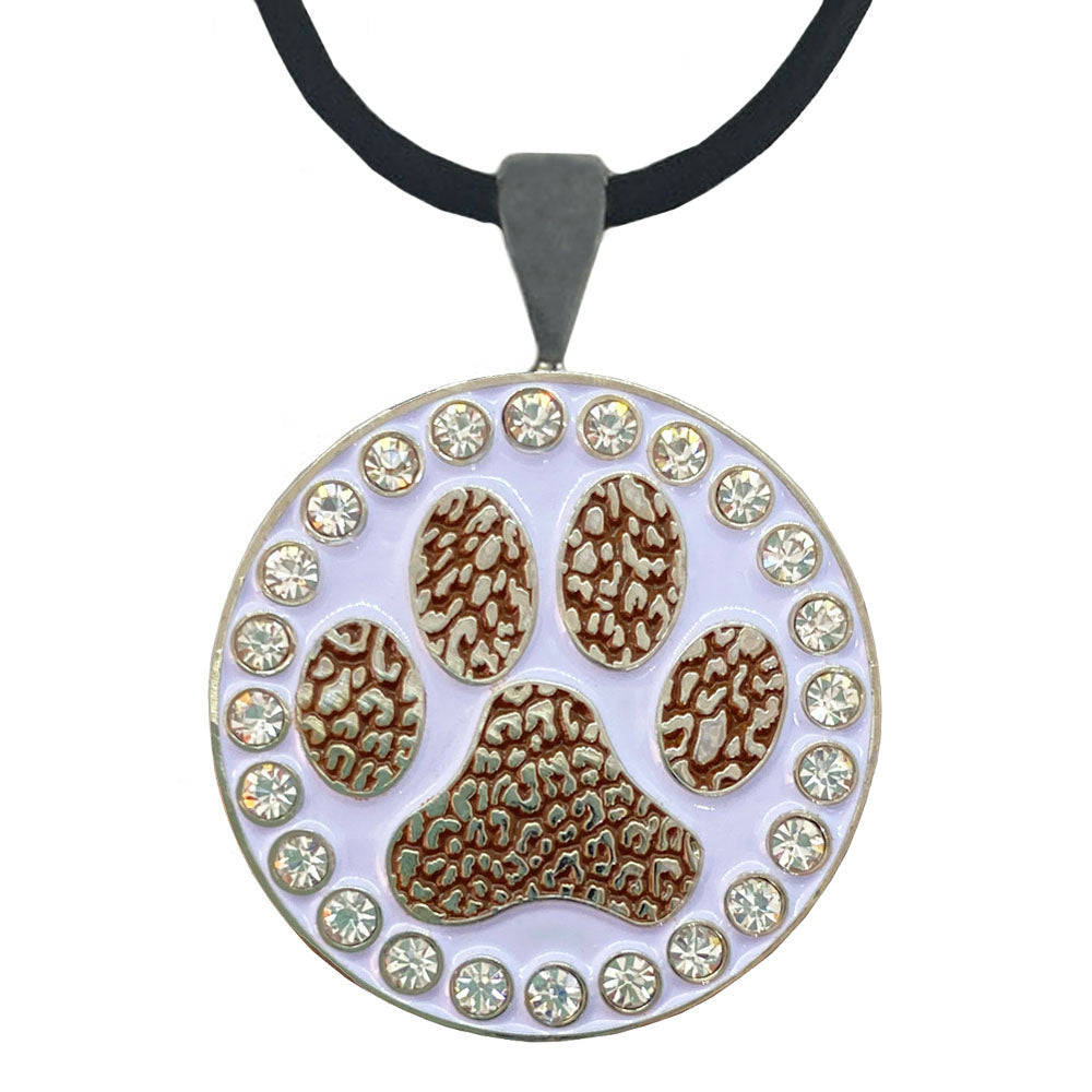 Brown Paw Print with crystal accents on a white marker necklace. Sporty design is paws-itively ideal for women golfers. Roar!