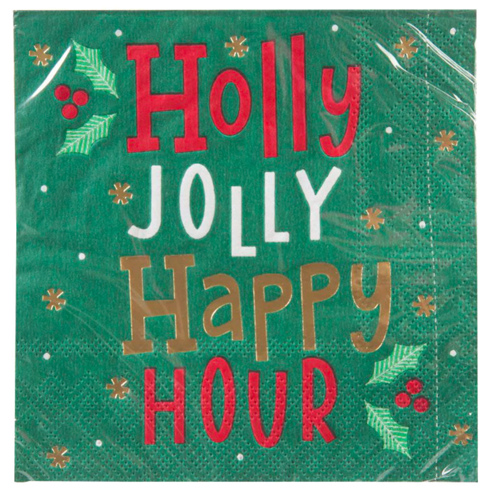 Green cocktail napkins with mistletoe and gold sparkle – cozy 16-pack for warm holiday gatherings and joyful sips.