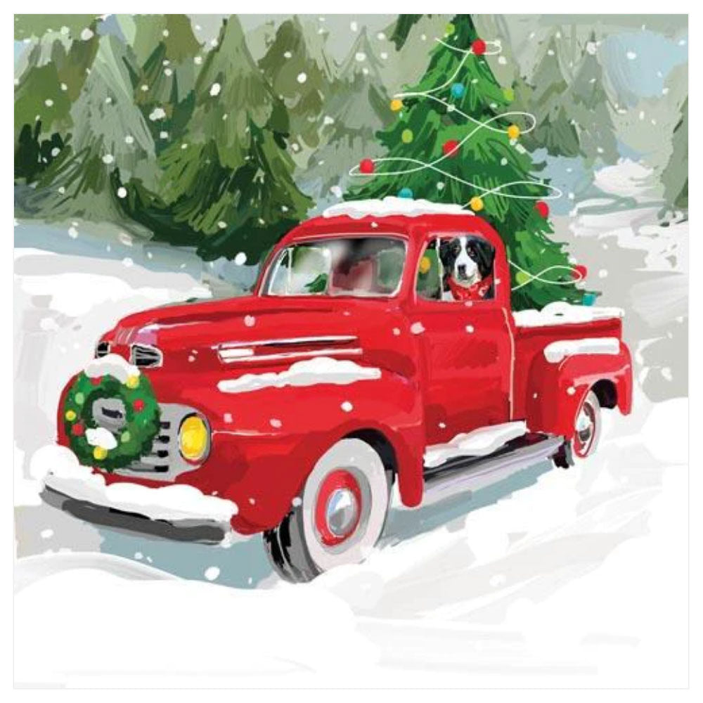 Vintage red pickup truck with Christmas tree, wreath & dog on 3 ply cocktail napkins—spreading holiday warmth, not mess