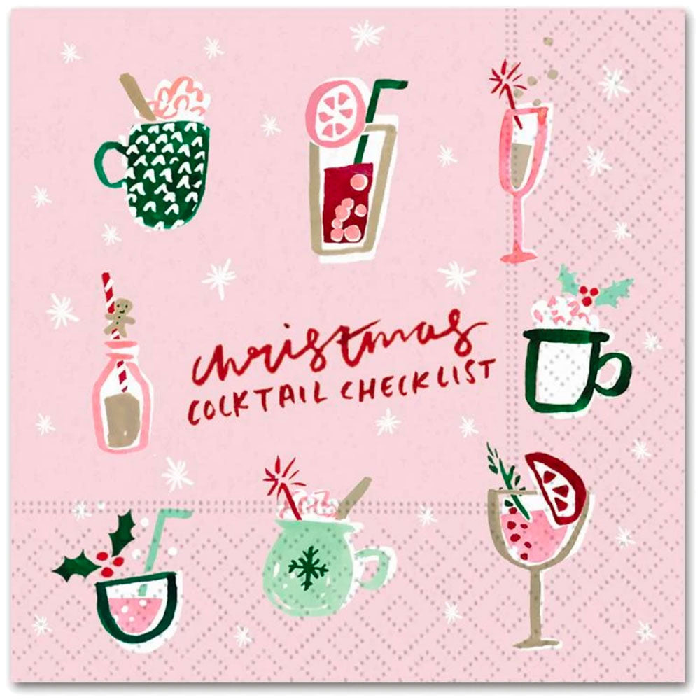 Pink Christmas cocktail napkin with holiday drink checklist – fun, festive, and affordable gift for golf lovers and party hosts.