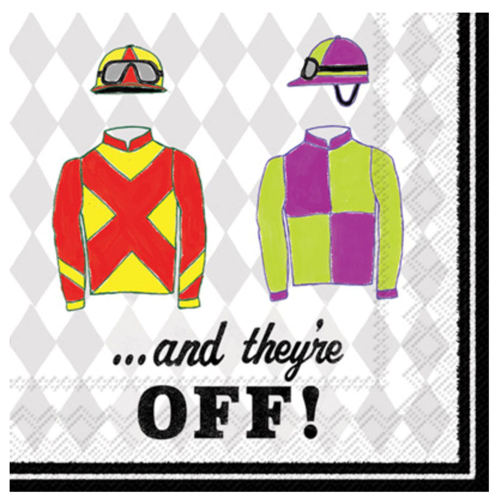 And They’re Off cocktail napkins — Kentucky Derby themed, grey argyle, jockey jerseys. Shop now.
