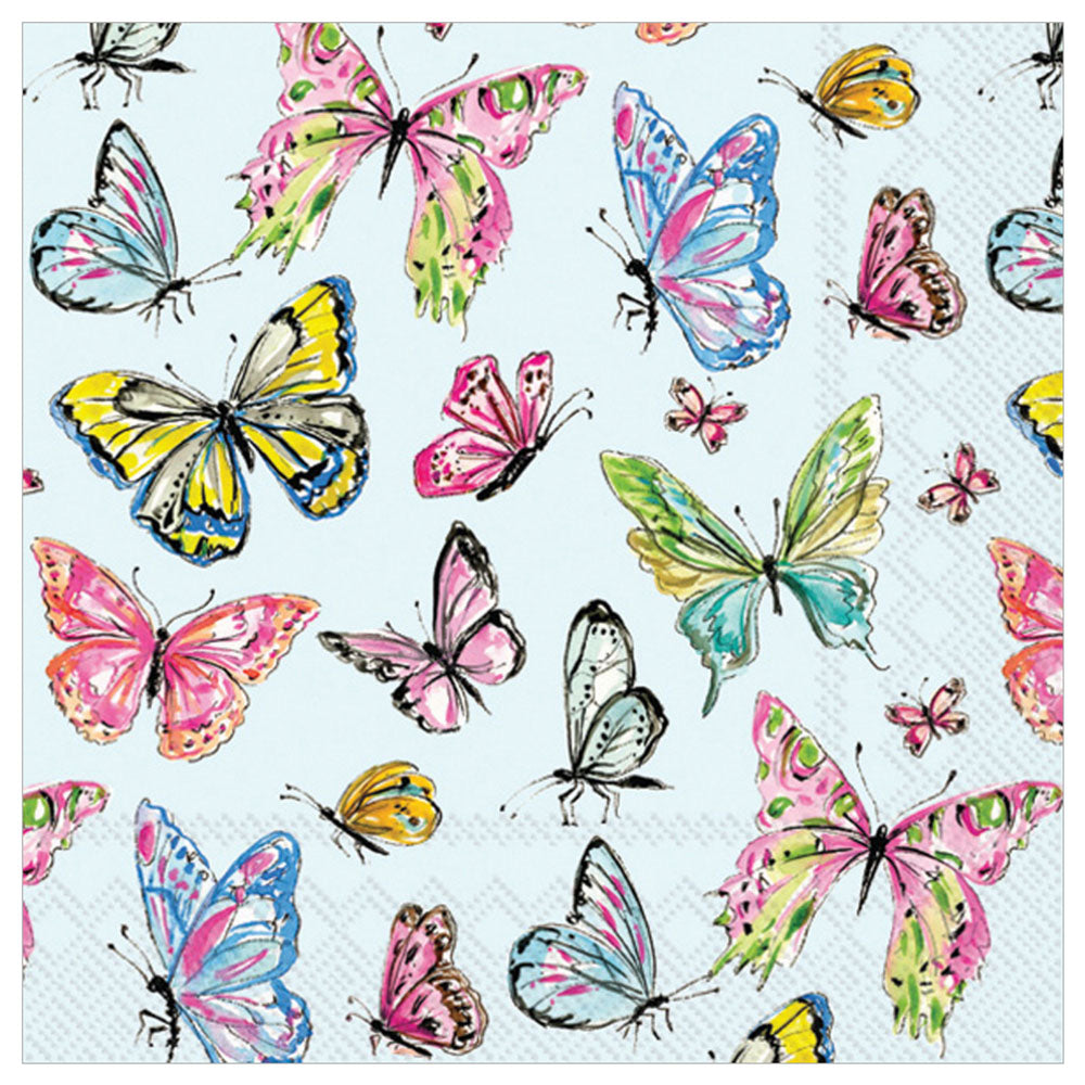 Butterfly Medley cocktail napkins — multi colored butterflies on blue background, 20 count, 3 ply. Perfect for parties.