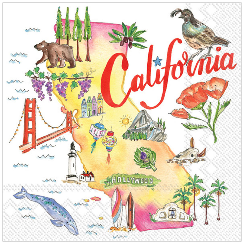 Pack of 20 California state fun party napkins. Palm trees, skyline, sunny and bold. Shop now.