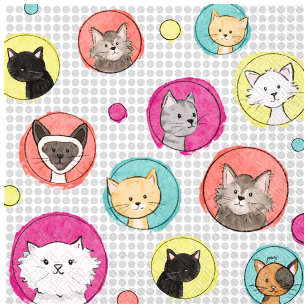 Napkins with colorful cat faces—fun cocktail napkins for cat lovers. Makes a purrfect gift.