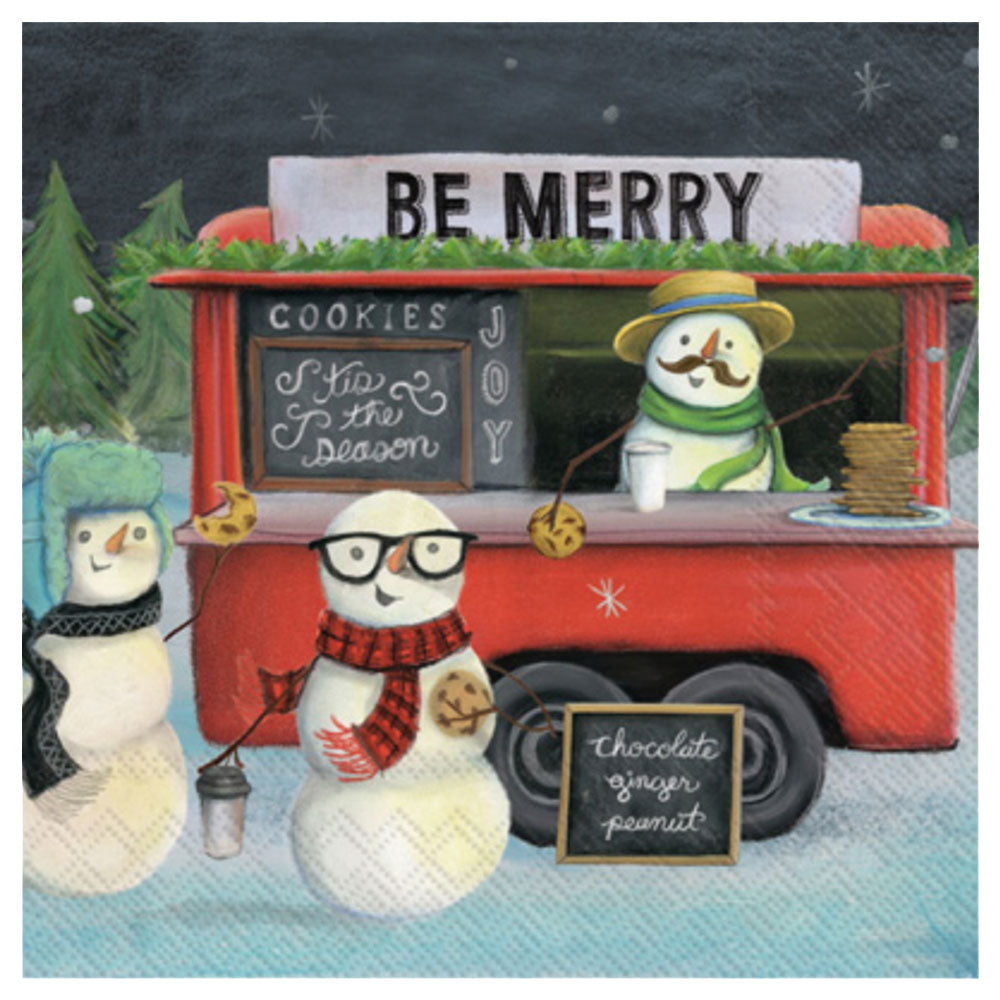 Three snowmen on the go across a snowy landscape—20 pack napkins ready to roll into your holiday sipping sessions.