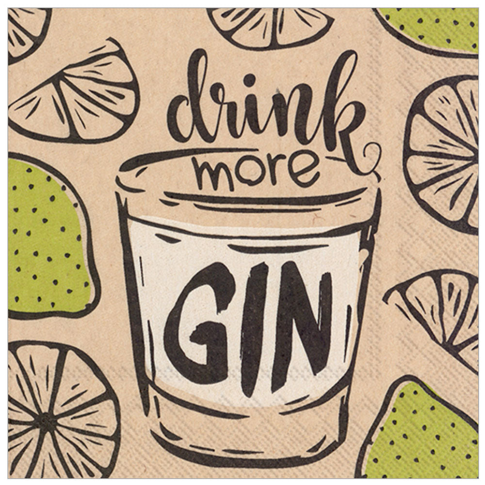 Drink More Gin” printed cocktail napkins with gin & lime design — set of 20. Great for parties and golf events