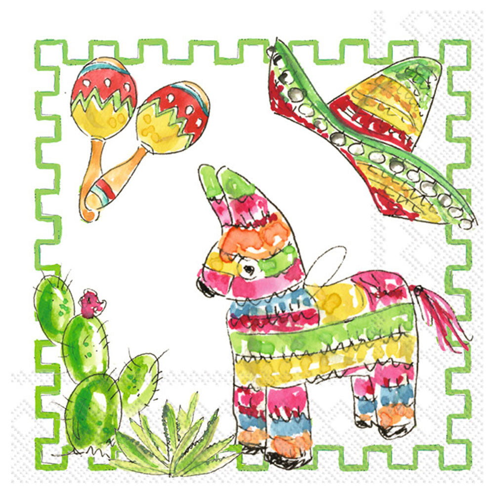 Fiesta Pattern Cocktail Napkins — maracas, cactus, piñata design on white background, lime green border