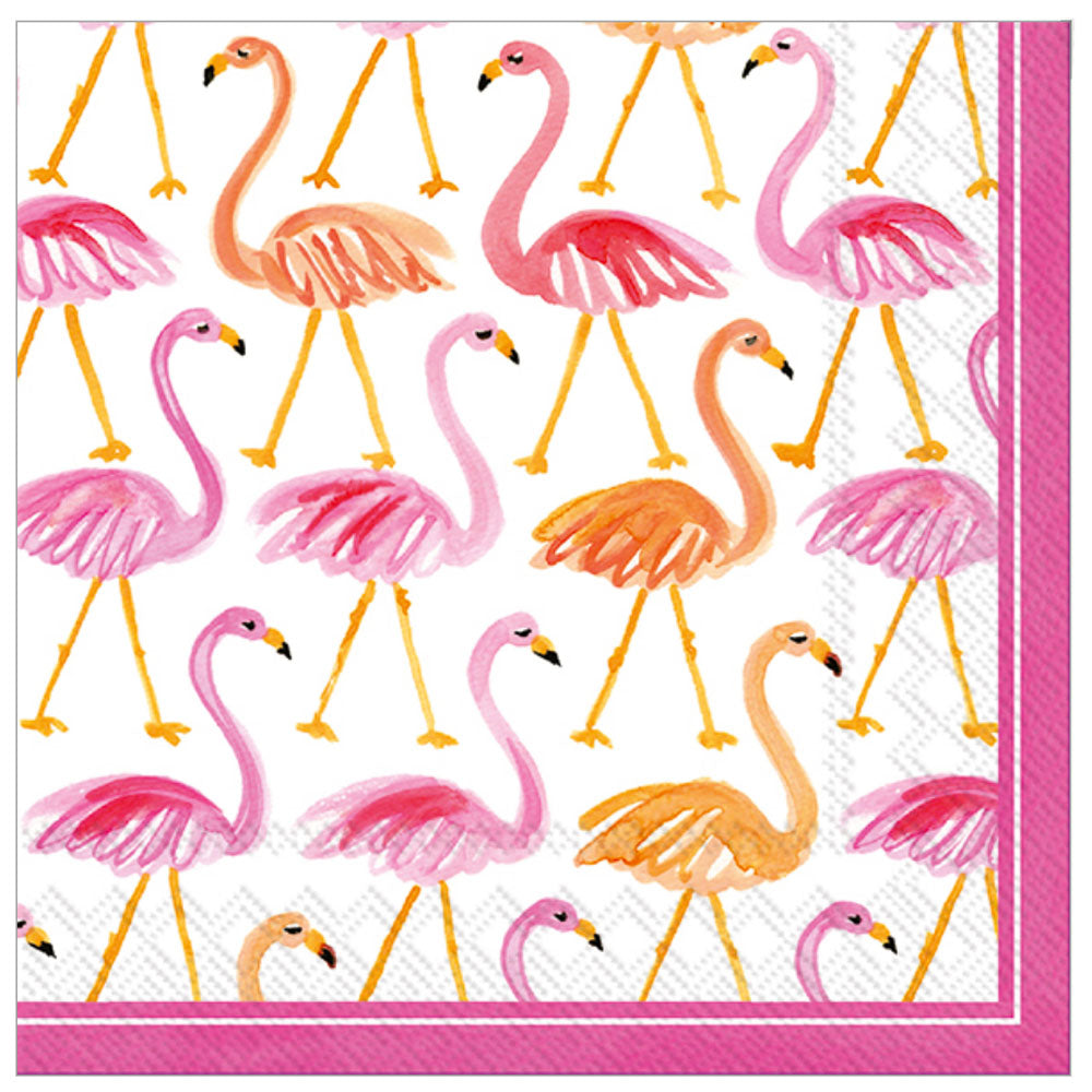 Flamingos in multiple pink shades on trimmed white napkins (20 pack) — bold & festive for party or golf gathering.