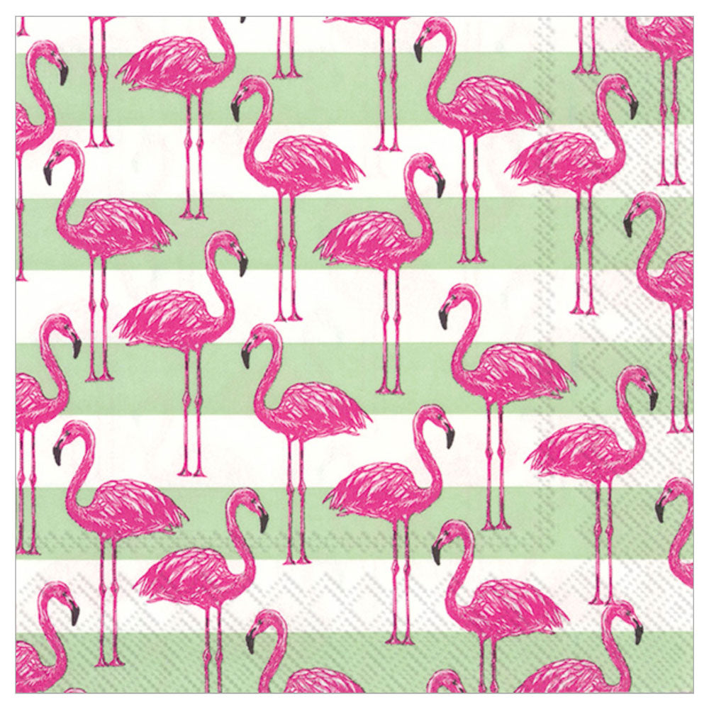 Pink flamingos on green & white stripe cocktail napkins (20 ct), 3‑ply — tropical style for golf or parties.
