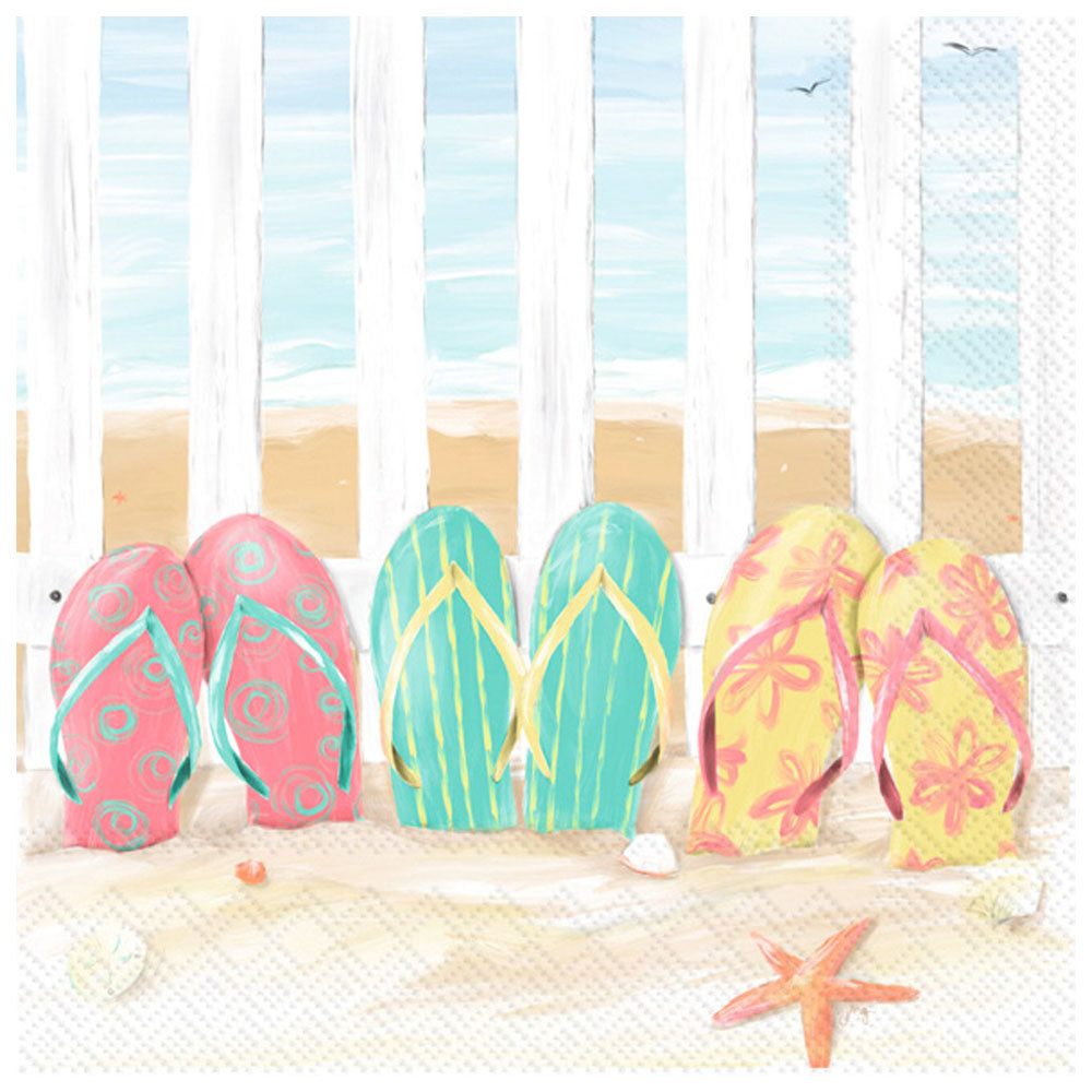 Beach flip flops & seashell cocktail napkins (20 pack), 3 ply — sun kissed, beachy & pretty for any summer spread.