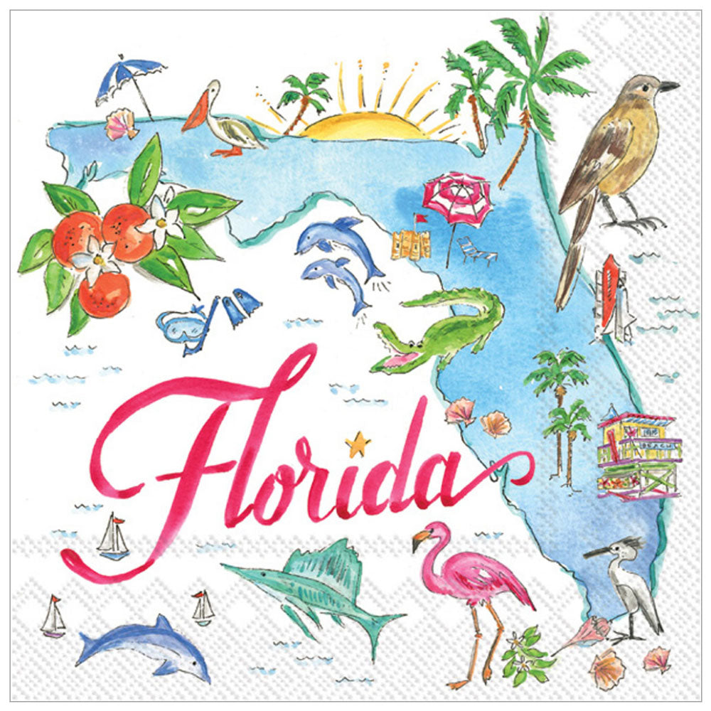Cocktail napkins printed with Florida map, flamingos & state icons. 20 count, tropical state themed napkin.
