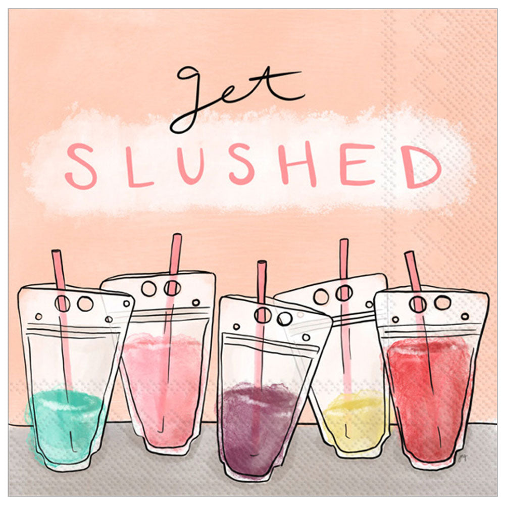 “Get slushed” napkins, 20 pack, 3 ply, with colorful drink graphics — minimal effort, maximum party.