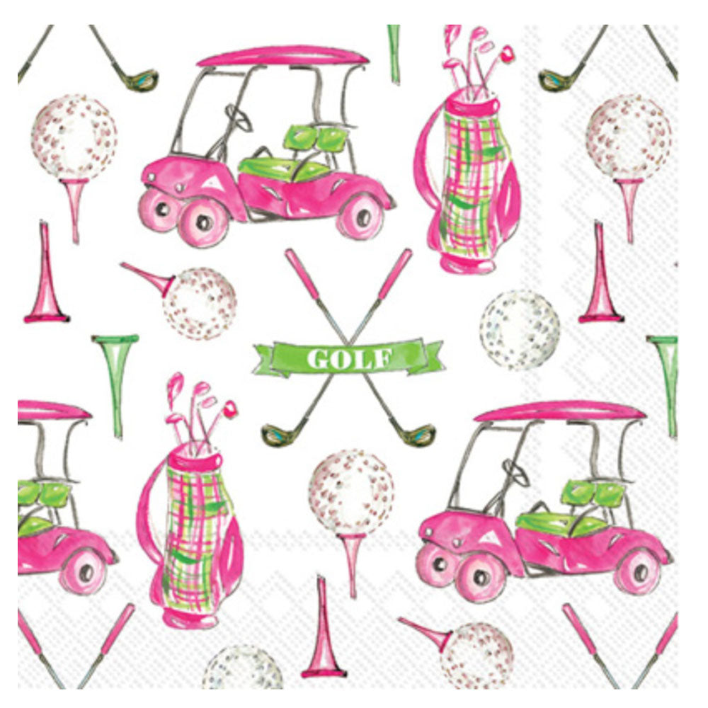 Pink & green golf theme cocktail napkins (20 pack), featuring golf carts, balls & tees — bright & playful 3 ply design
