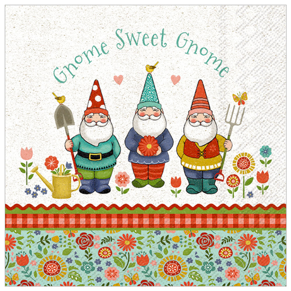 Gnome Sweet Gnome cocktail napkins, pack of 20, 3 ply, garden gnome design .your drink’s garden party sidekick