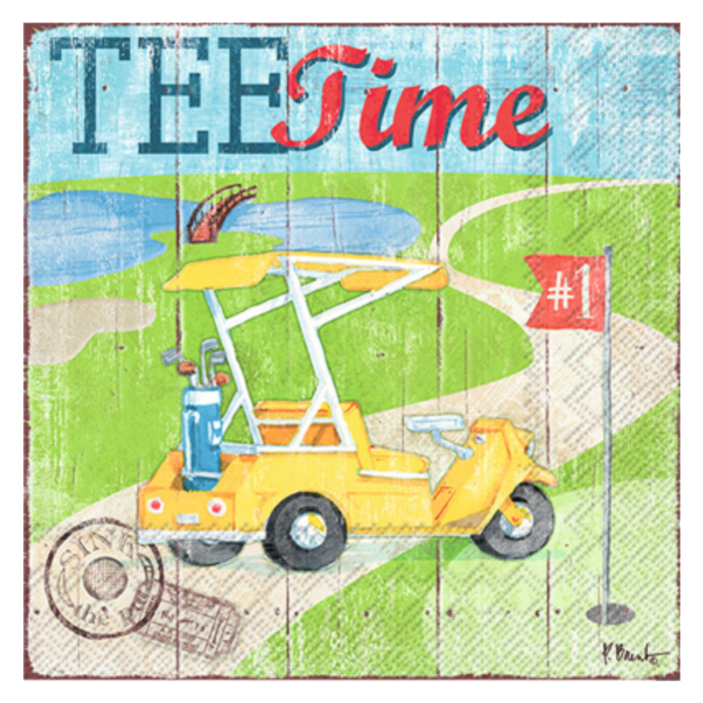 Golf cart retro design cocktail napkins (20 ct). Bring that vintage course charm. Ideal for post round laughs & sips