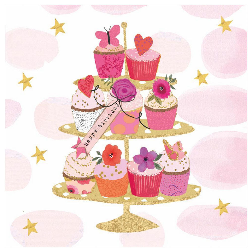 Happy Birthday cupcake design cocktail napkins, pack of 20, 3 ply, white with pink polka dots and cupcake tower