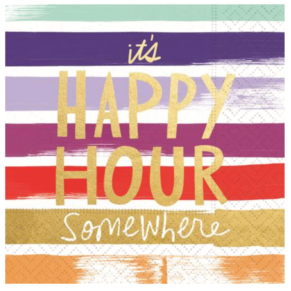 “It’s HAPPY HOUR somewhere” stripes & gold foil napkins (20 ct) — cocktails, chaos & no regrets.