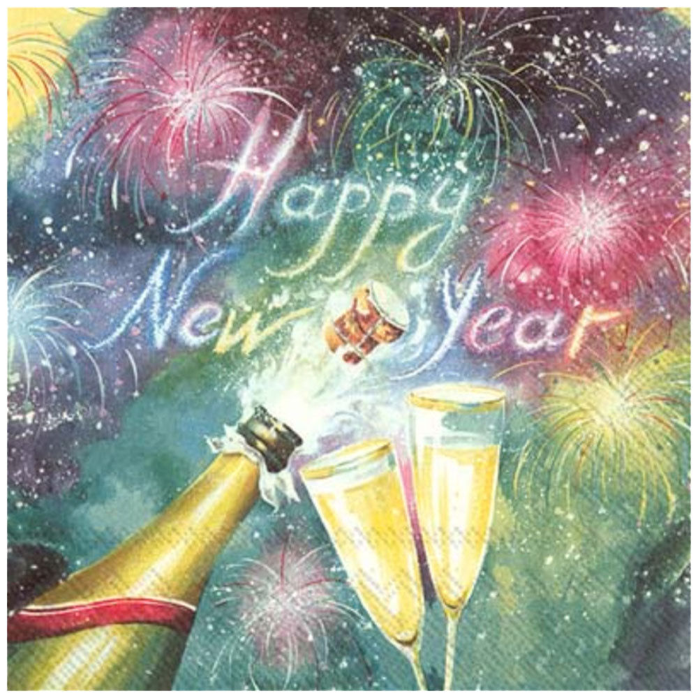 Festive napkin with fireworks, champagne & Happy New Year—an affordable, stylish party accessory for golf-loving hosts.