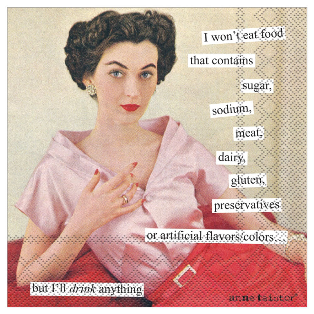 Retro woman & “I won’t eat those rules … but I’ll drink anything” napkins (20 pack) — for rebels who love a good cocktail.