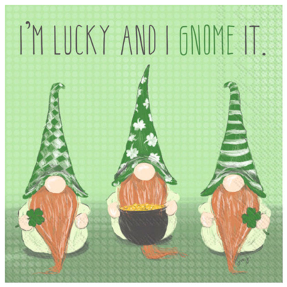 Lucky Gnome cocktail napkins — whimsical gnome design, 20 count, 3 ply. Ideal for garden parties. Shop now.