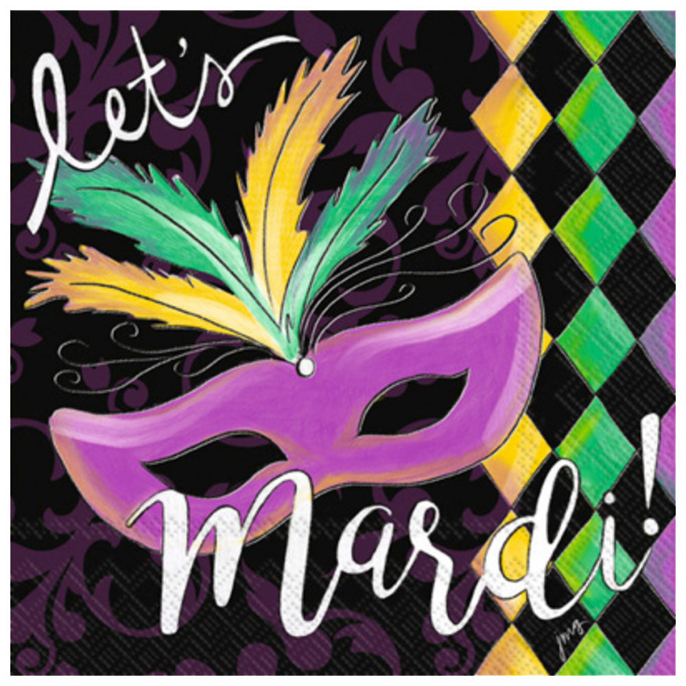Let’s Mardi cocktail napkins — festive Mardi Gras design with beads & masks.