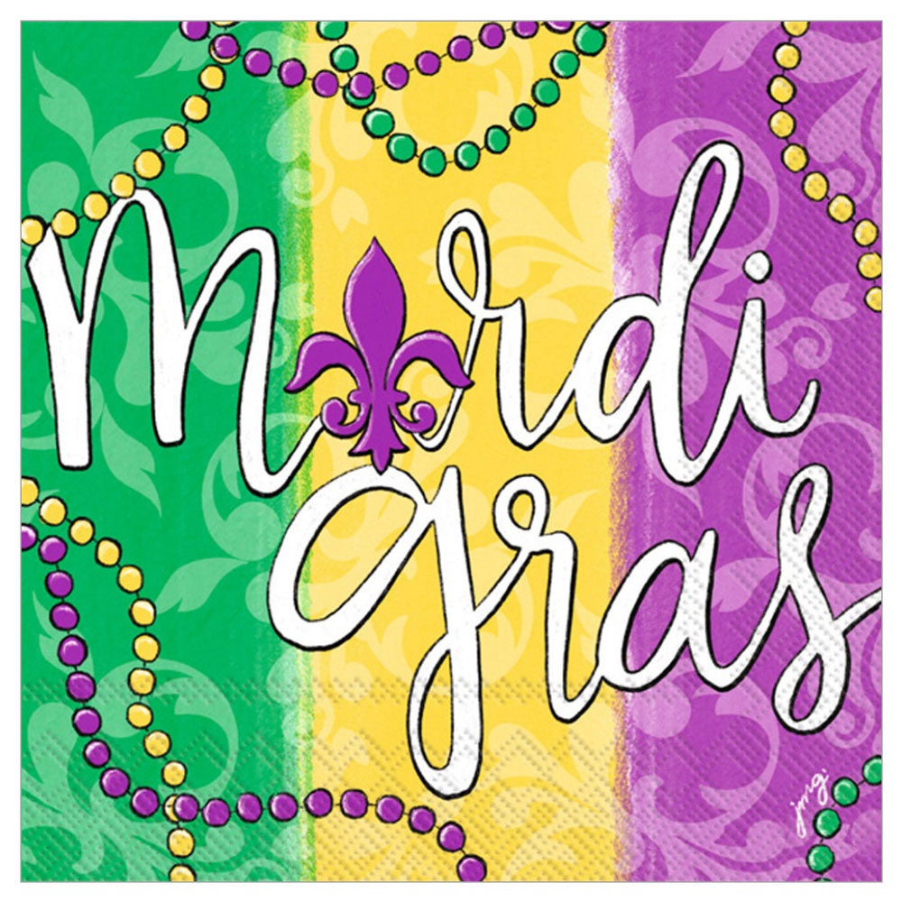 Mardi Gras Beads cocktail napkins — festive bead motif in purple, green & gold, 20 count. Colorful Party Design.