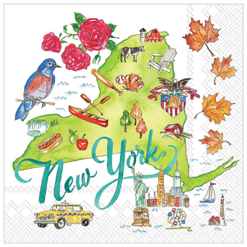 New York State themed cocktail napkins, pack of 20, 3 ply, design with NYC skyline, Statue of Liberty, apples and foliage