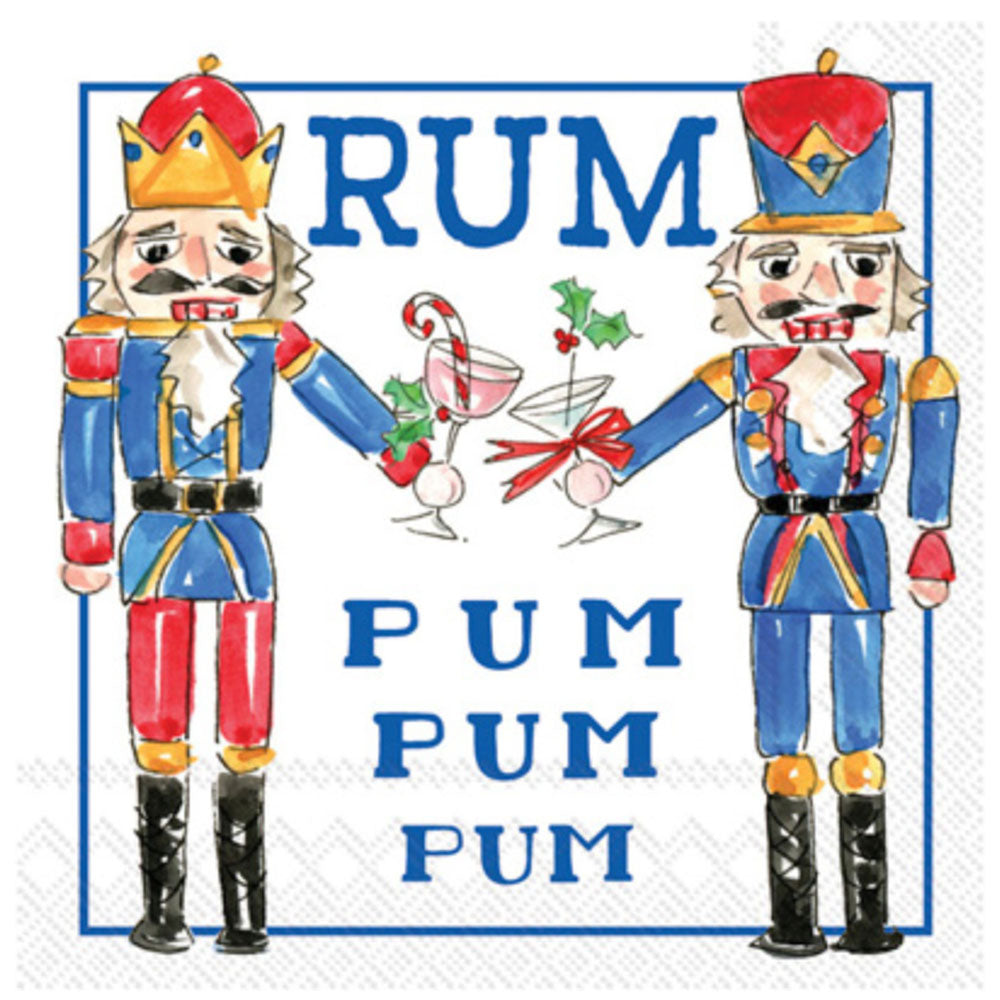 Nutcracker duo with festive drinks and ‘Rum Pum Pum Pum’—20 pack napkins for cheeky sips, merry mischief, and no mess. Cheers