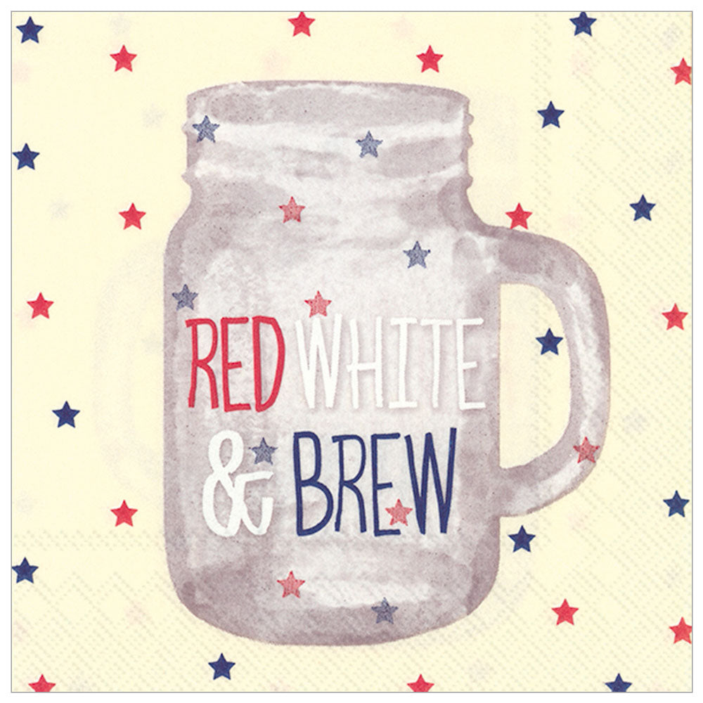 Red White & Brew cocktail napkins — mason jar, red & blue stars design, 20 count, 3‑ply