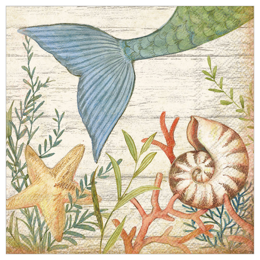 Ocean floor scene cocktail napkins with seashells & mermaid tail (20 pack), 3 ply — perfect for beach or golf blend parties.