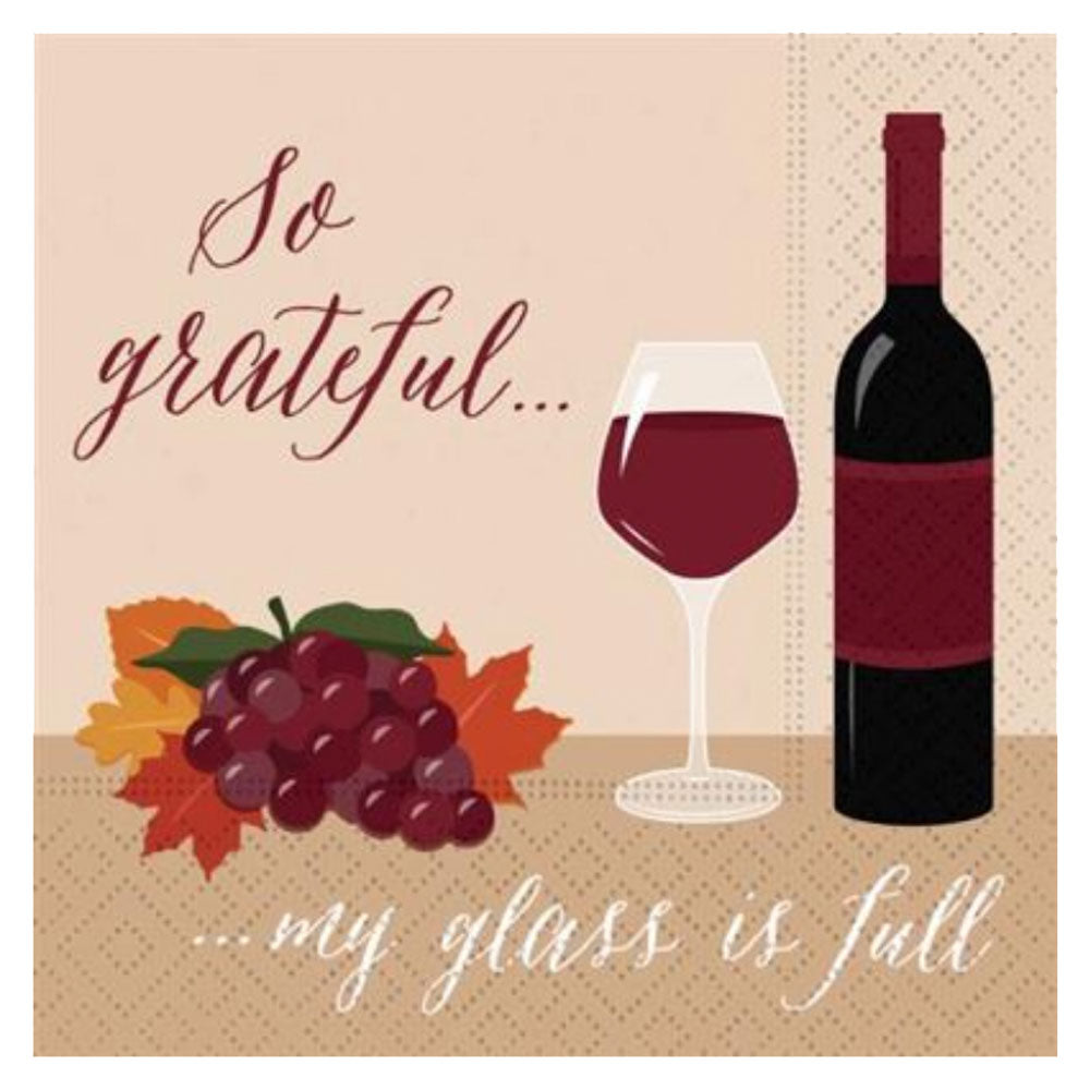 Fall napkins with wine glass and “So grateful… my glass is full”. Fun 3-ply napkins for festive, wine-loving gatherings.