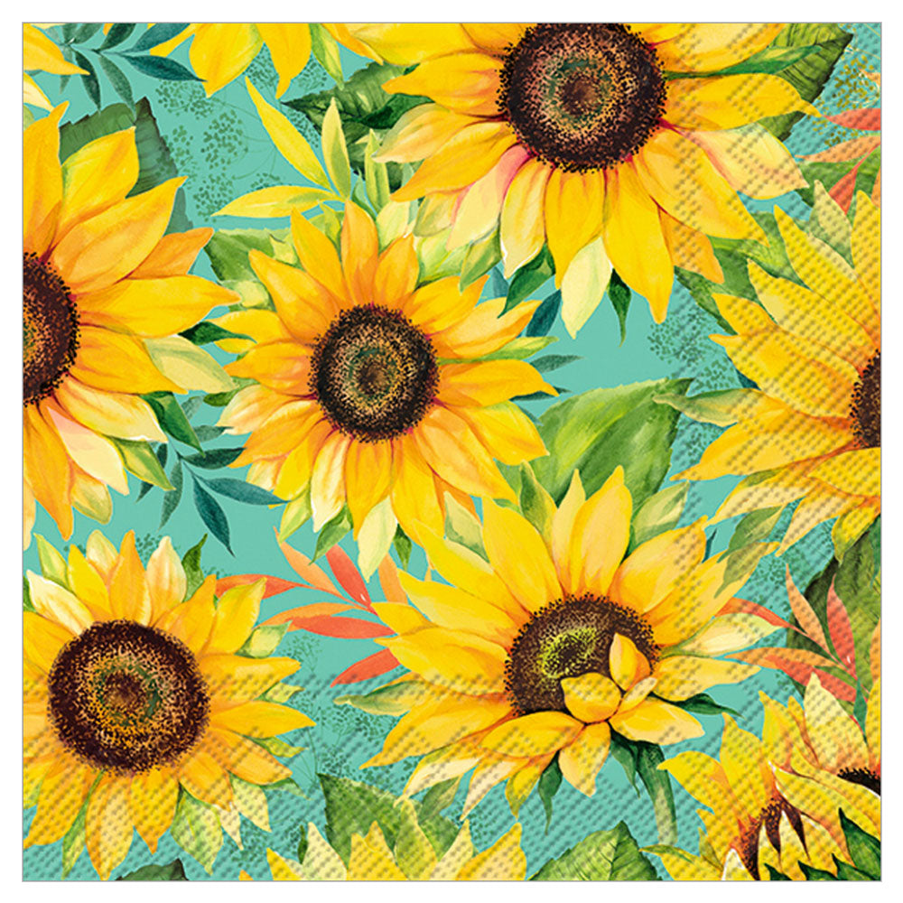 Bright Sunflowers cocktail napkins — floral design, teal background, 20 count, 3 ply. Ideal for parties.